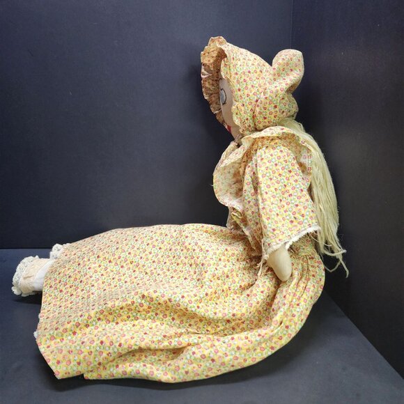 Vintage Handmade Cloth Rag Prairie Girl Doll 21'' with Floral Yellow Dress - Picture 6 of 8